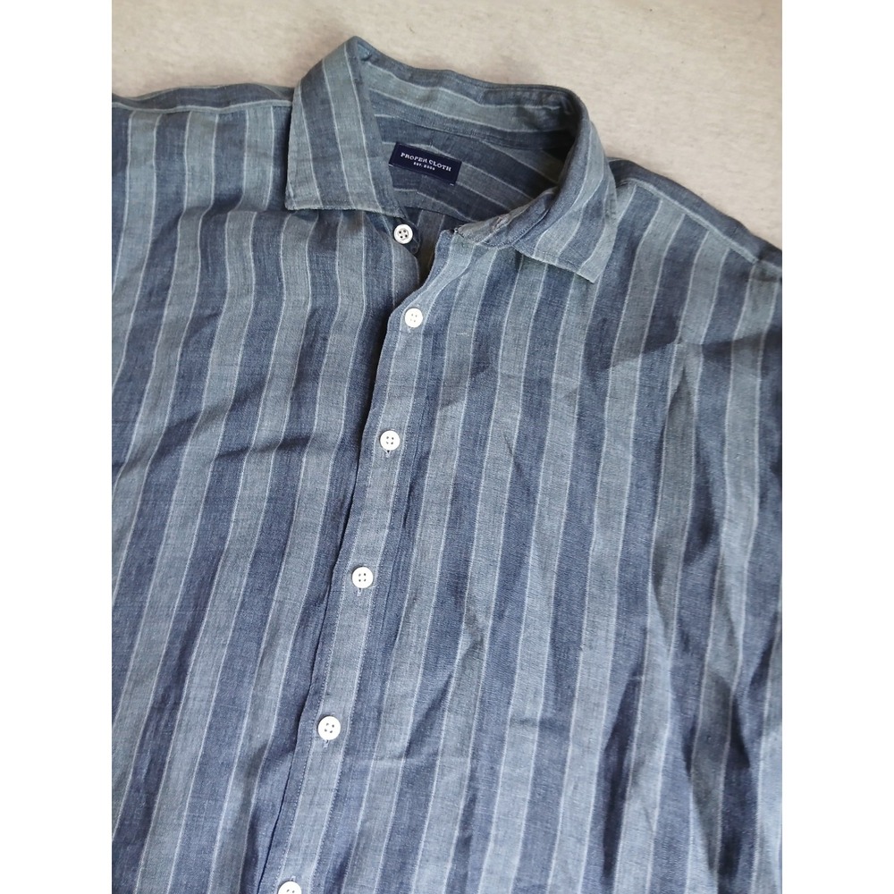 Proper Cloth Shirt XXL Linen Button Down Classic Preppy Blue Striped Casual